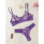 Ethereal Violet Sheer Mesh and Floral Embroidered Underwire Bra Set