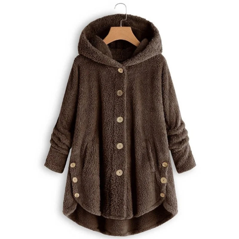 Women's Plush Hooded Teddy Fleece Coat with Button Front for Cozy Winter Layering