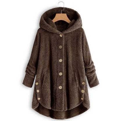 Women's Plush Hooded Teddy Fleece Coat with Button Front for Cozy Winter Layering