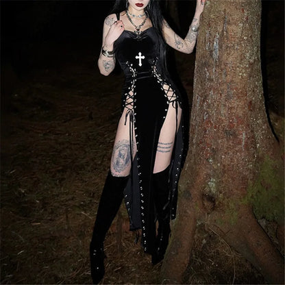 Dark Gothic Split-Leg Maxi Dress with Alternative Streetwear Aesthetic