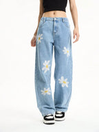 Women's Mid-Rise Loose Straight Leg Floral Embroidered Wide-Leg Denim Jeans for Casual Streetwear