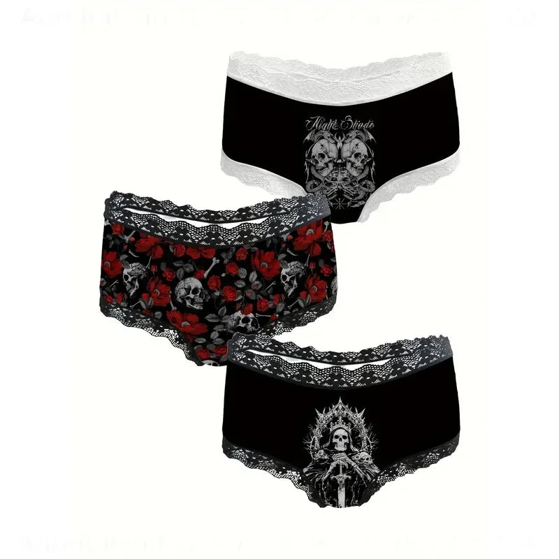 3-Piece Women’s Black and Red Skull Print Briefs Set with Lace Details, Floral Accents and Edgy Alternative Style