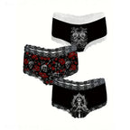 3-Piece Women’s Black and Red Skull Print Briefs Set with Lace Details, Floral Accents and Edgy Alternative Style