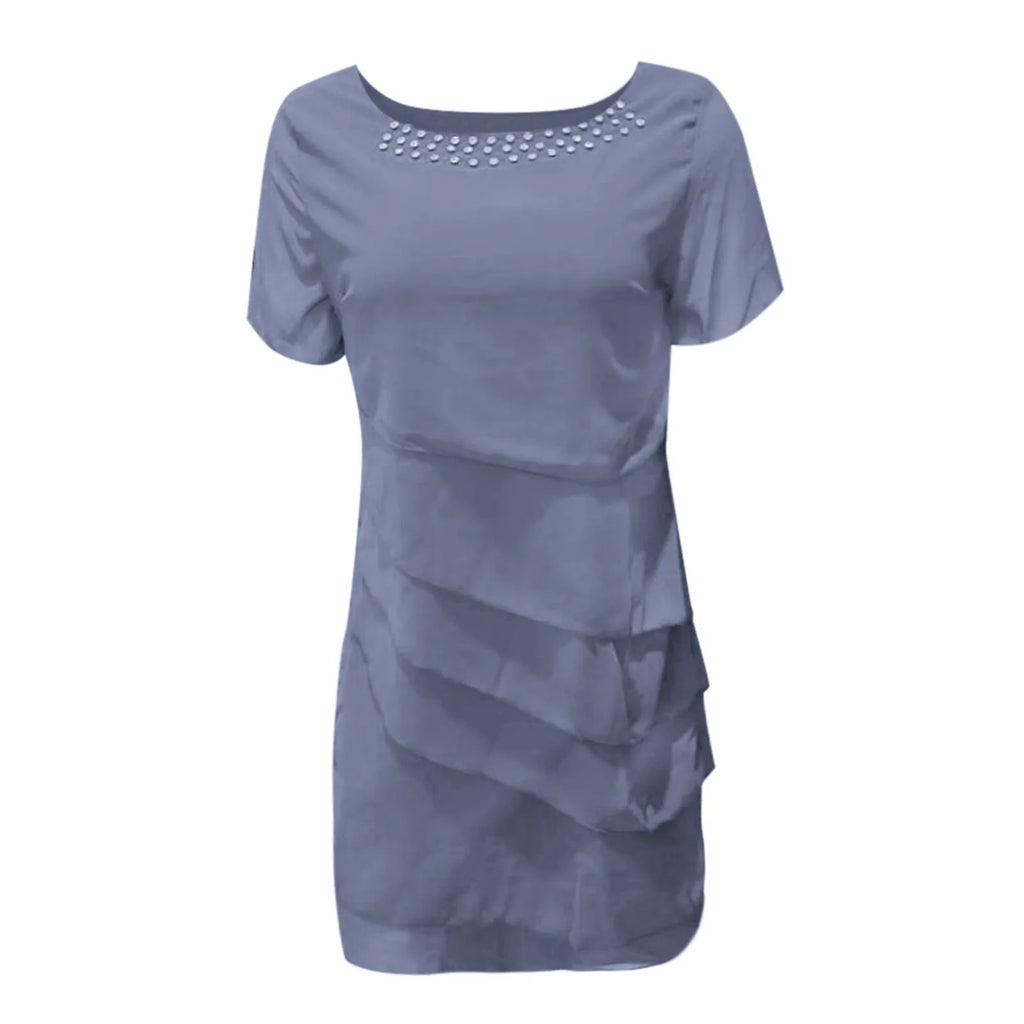 Layered Chiffon Midi Dress with Puff Sleeves and Cascading Ruffle Hem
