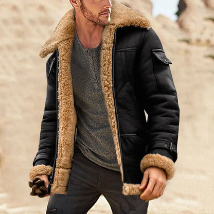 Men's Faux Suede Sherpa Lined Zip Jacket with Turn Down Collar for Rugged Casual Style