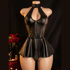 Black Satin-Finish Halter Dress with Lace-Up Back and Sheer Split