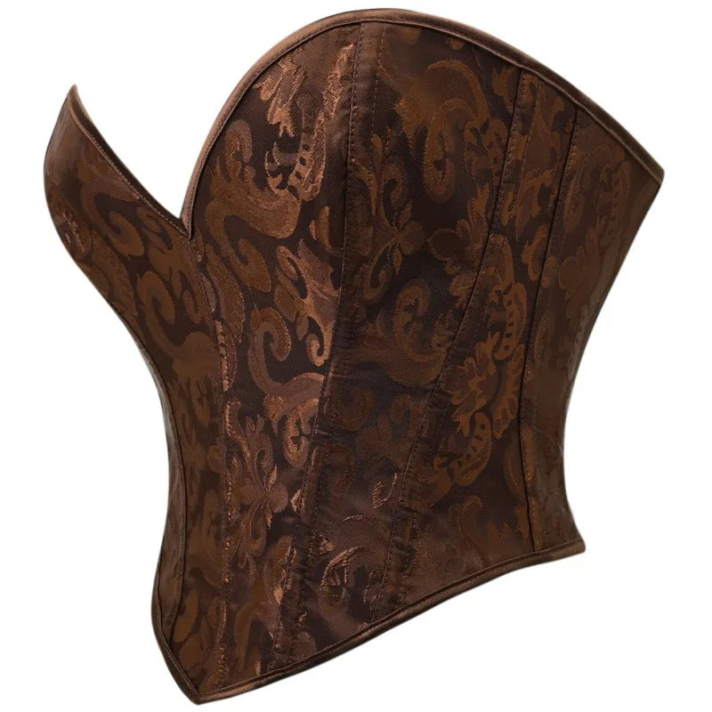 Regal Brown Floral Brocade Strapless Corset with Plunging Sweetheart Neckline