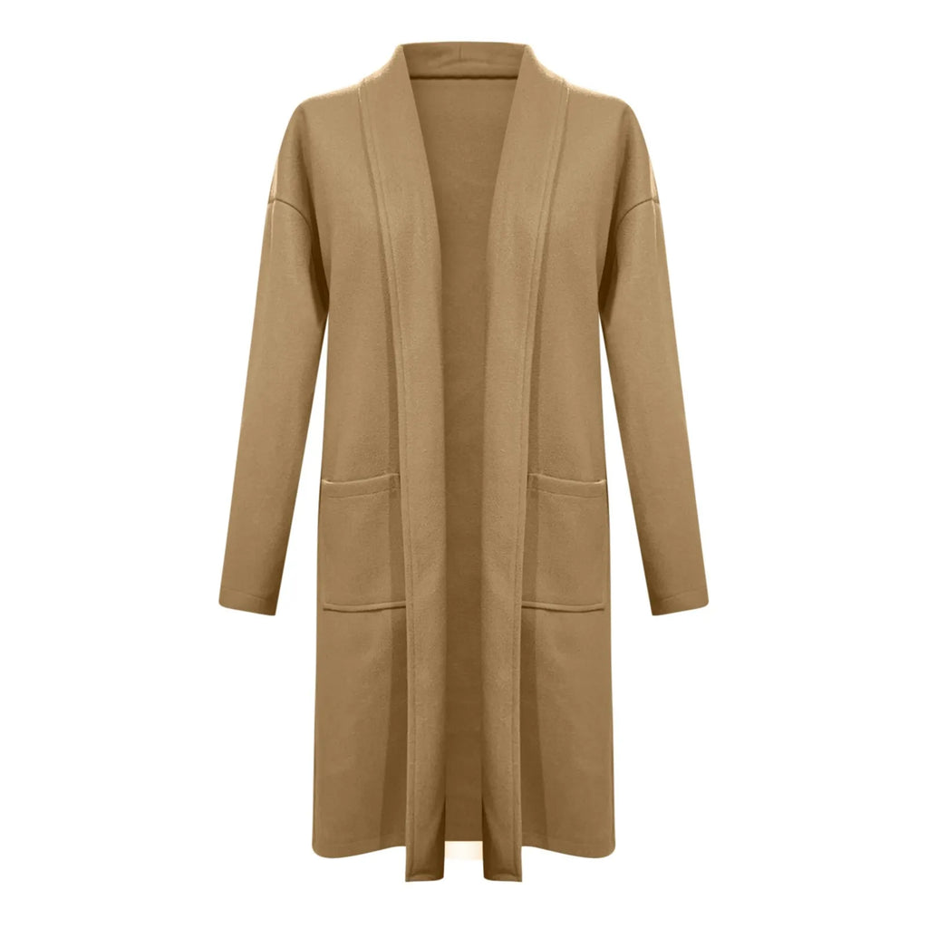 Women's Longline Button Front Knit Cardigan with Lapel Collar and Pocket Detail