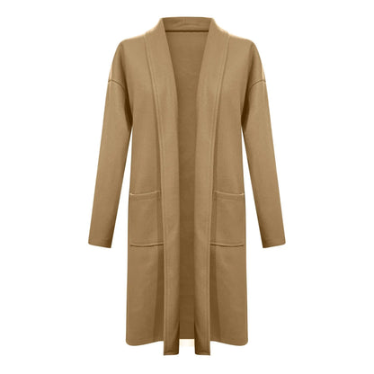 Women's Longline Button Front Knit Cardigan with Lapel Collar and Pocket Detail