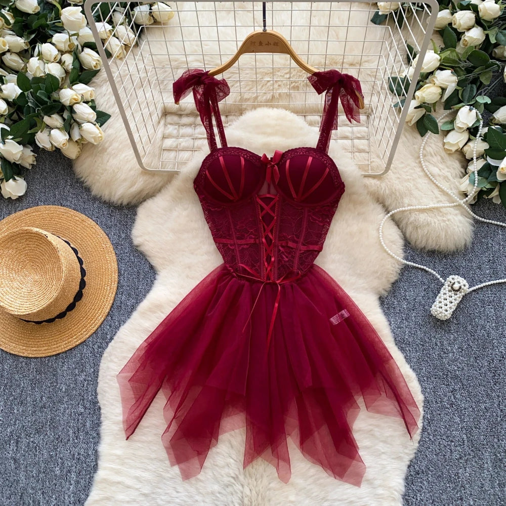 Deep Red Corset-Style Tulle Dress with Lace-Up Front and Ribbon Straps