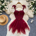 Deep Red Corset-Style Tulle Dress with Lace-Up Front and Ribbon Straps