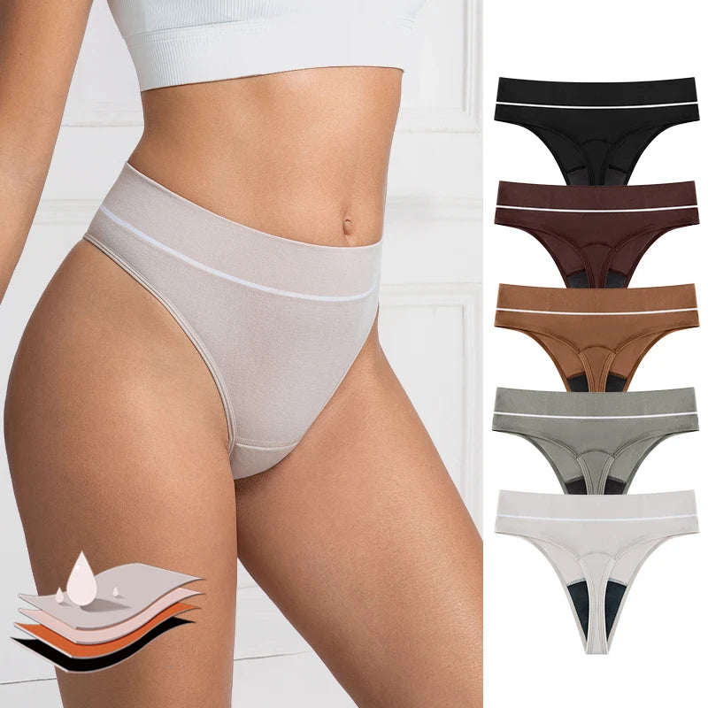 Five-Piece High-Waisted Absorbent Menstrual Thong Set with Lace Waistbands