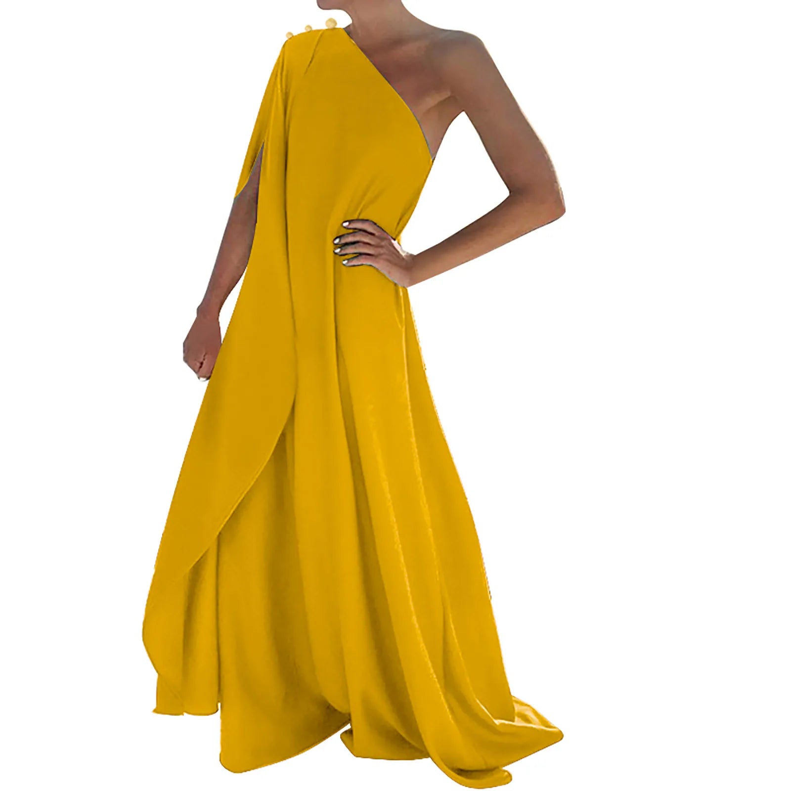 One Shoulder Pleated Maxi Dress with Relaxed Bohemian Silhouette