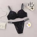 Embossed Lace Push-Up Bra and Statement Rhinestone Strap Thong Set