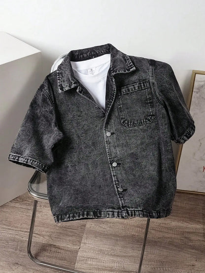 Oversized Washed Denim Button-Up Shirt Jacket with Utility Pocket Streetwear Design