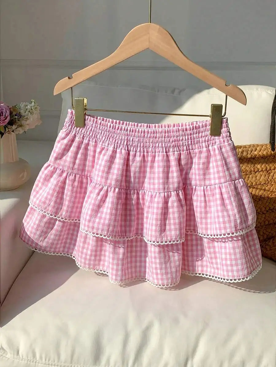 Tiered Ruffle Mini Skirt with Lace Hem Lightweight A-Line Design