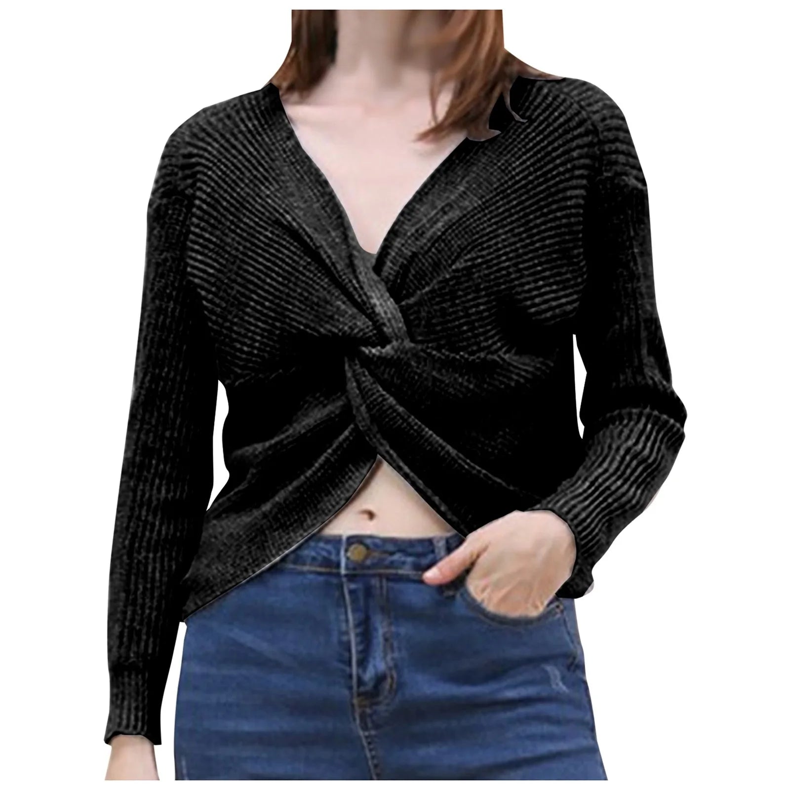 Women's Twisted Front Ribbed Knit Sweater with Cropped Contemporary Silhouette