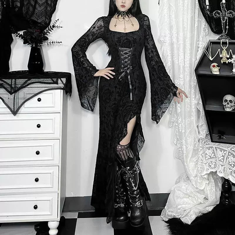 Elegant Gothic Mermaid Dress with Dramatic Sleeves and Dark Styling