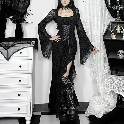 Elegant Gothic Mermaid Dress with Dramatic Sleeves and Dark Styling