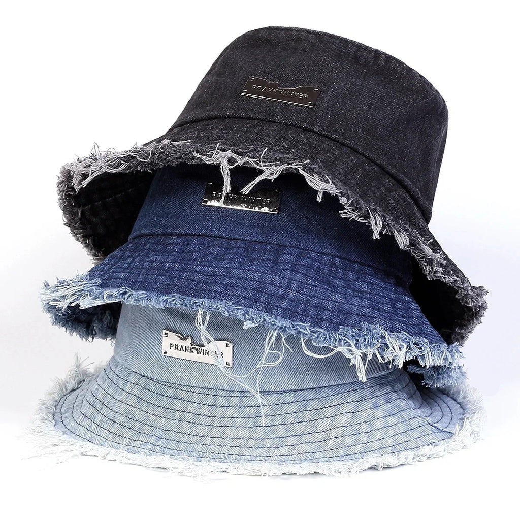 Distressed Denim Bucket Hat Frayed Brim Casual Streetwear Fisherman Outdoor Cap