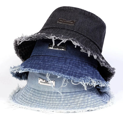 Distressed Denim Bucket Hat Frayed Brim Casual Streetwear Fisherman Outdoor Cap