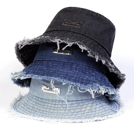Distressed Denim Bucket Hat Frayed Brim Casual Streetwear Fisherman Outdoor Cap
