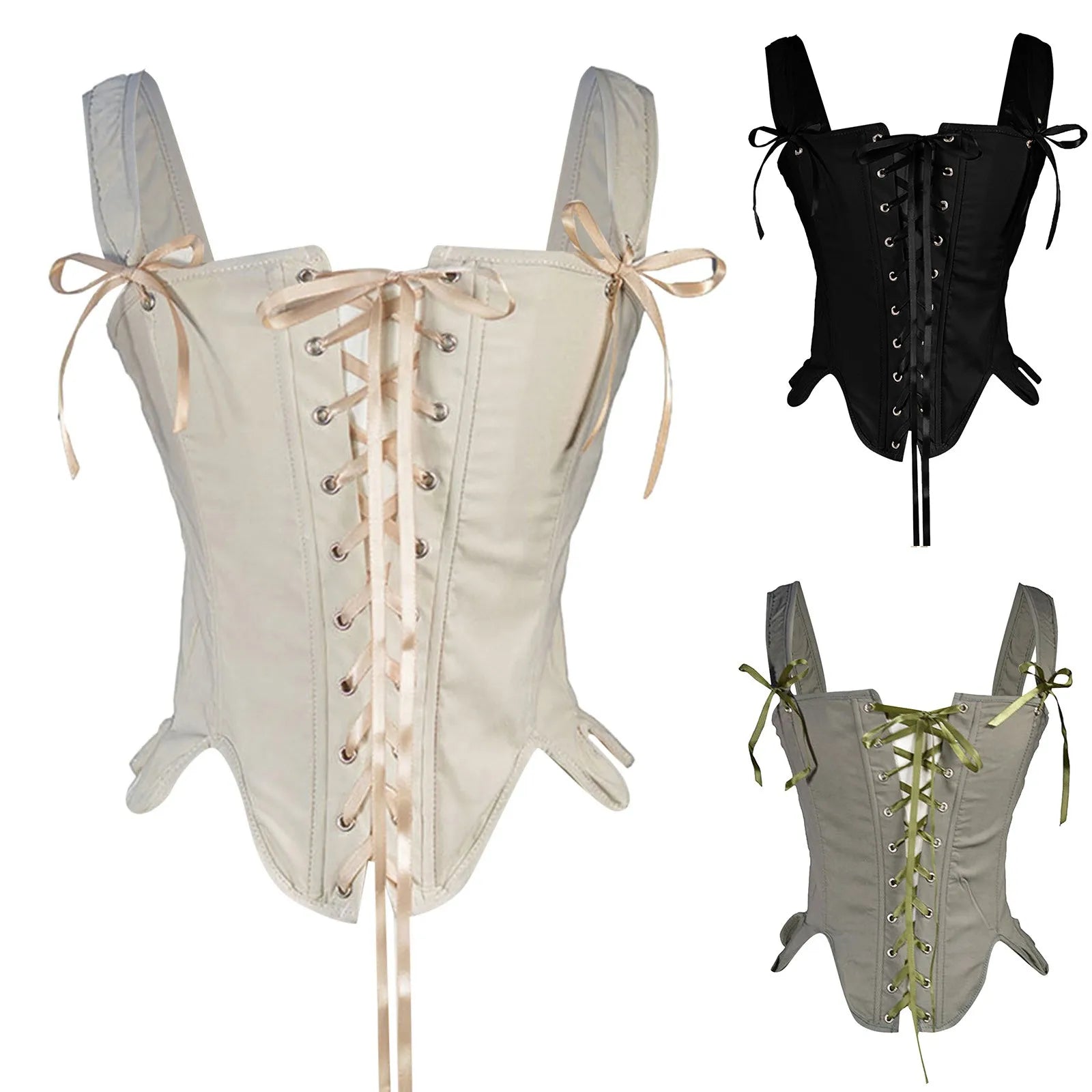 Vintage-Inspired Lace-Up Corset Top with Structured Bodice and Shoulder Ties