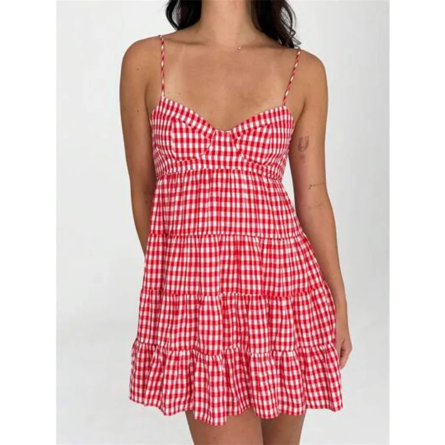 Y2K Inspired Gingham Spaghetti Strap Mini Dress With Flowy Swing Silhouette