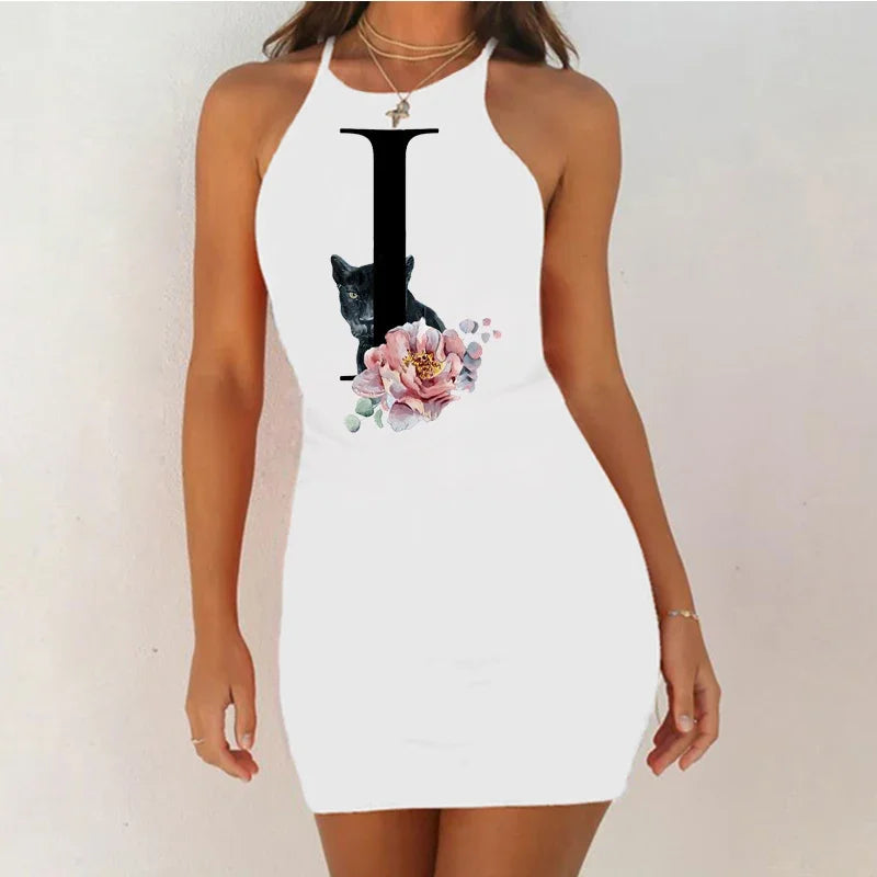 White Sleeveless Mini Nightgown with Bold Black Letter and Graphic Print, Slim Silhouette and Above-Knee Length