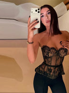 Sheer Black Floral Lace Strapless Bustier with Visible Boning Details