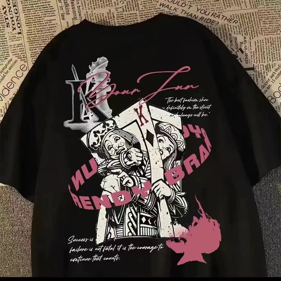 Retro Streetwear Graphic Cotton T-Shirt with Illustrative Artwork and Oversized Casual Fit