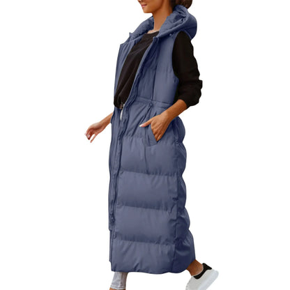 Women's Long Hooded Quilted Puffer Vest Relaxed Casual Winter Layering Outerwear