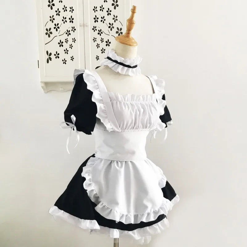 Classic Black and White Lolita Maid Dress with Ruffled Apron and Puff Sleeves