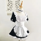 Classic Black and White Lolita Maid Dress with Ruffled Apron and Puff Sleeves