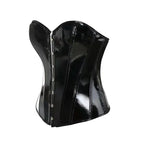 High-Shine Black Faux Leather Overbust Corset with Front Metal Busk