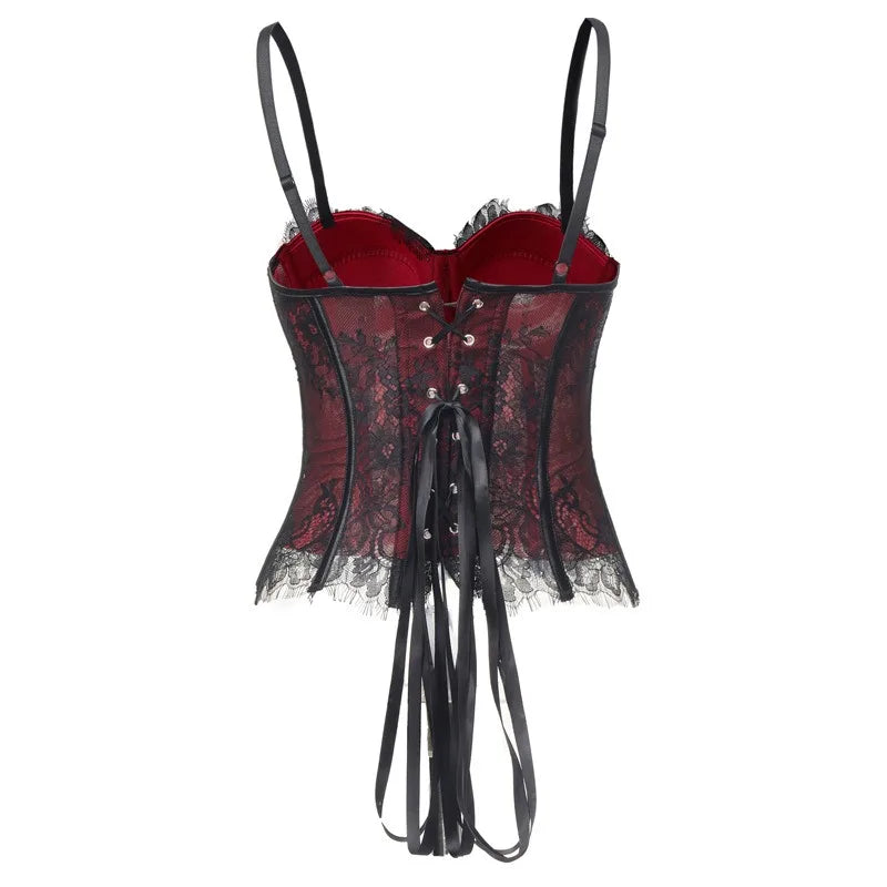 Lace Corset-Inspired Cami Top with Sheer Paneling and Adjustable Straps