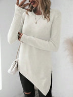 Women's Asymmetric Hem Knit Sweater with Relaxed Long Sleeve Contemporary Silhouette