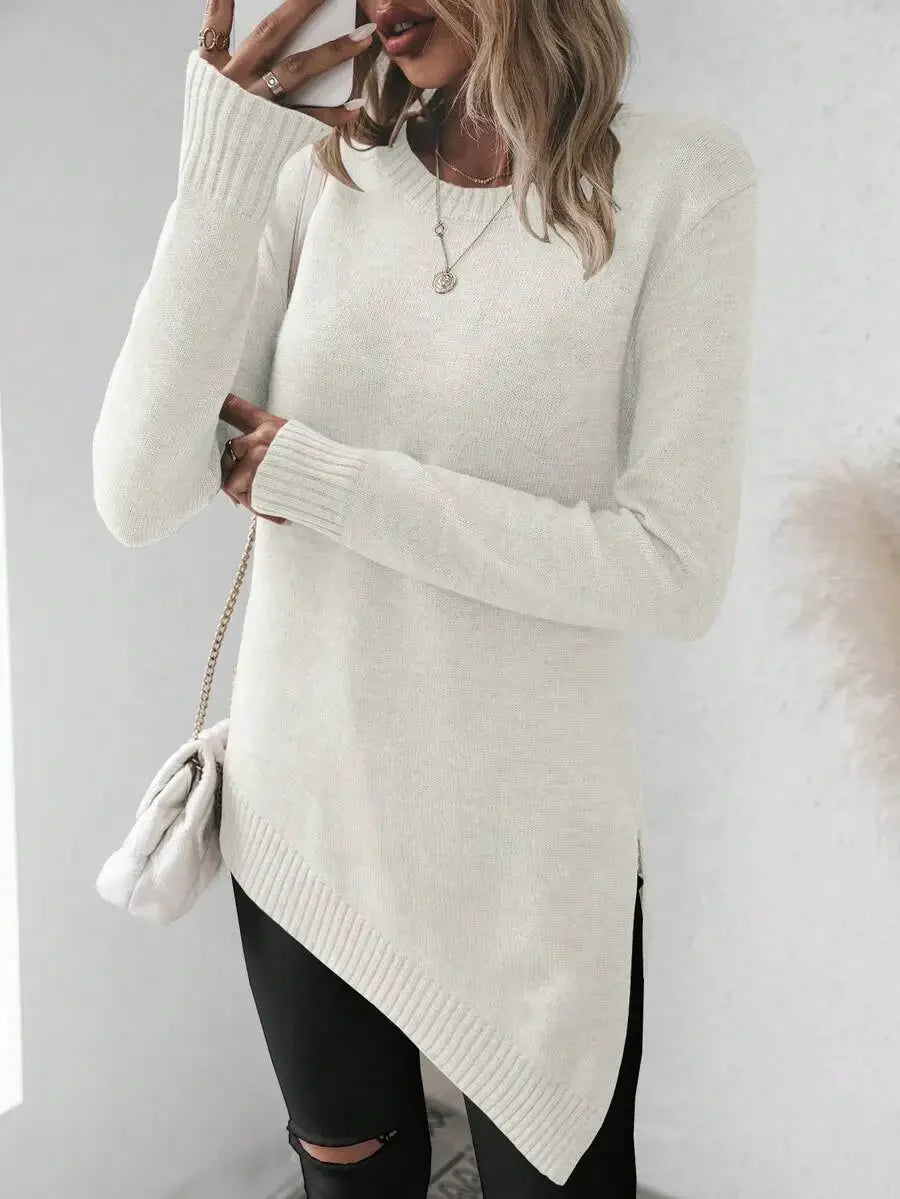 Women's Asymmetric Hem Knit Sweater with Relaxed Long Sleeve Contemporary Silhouette