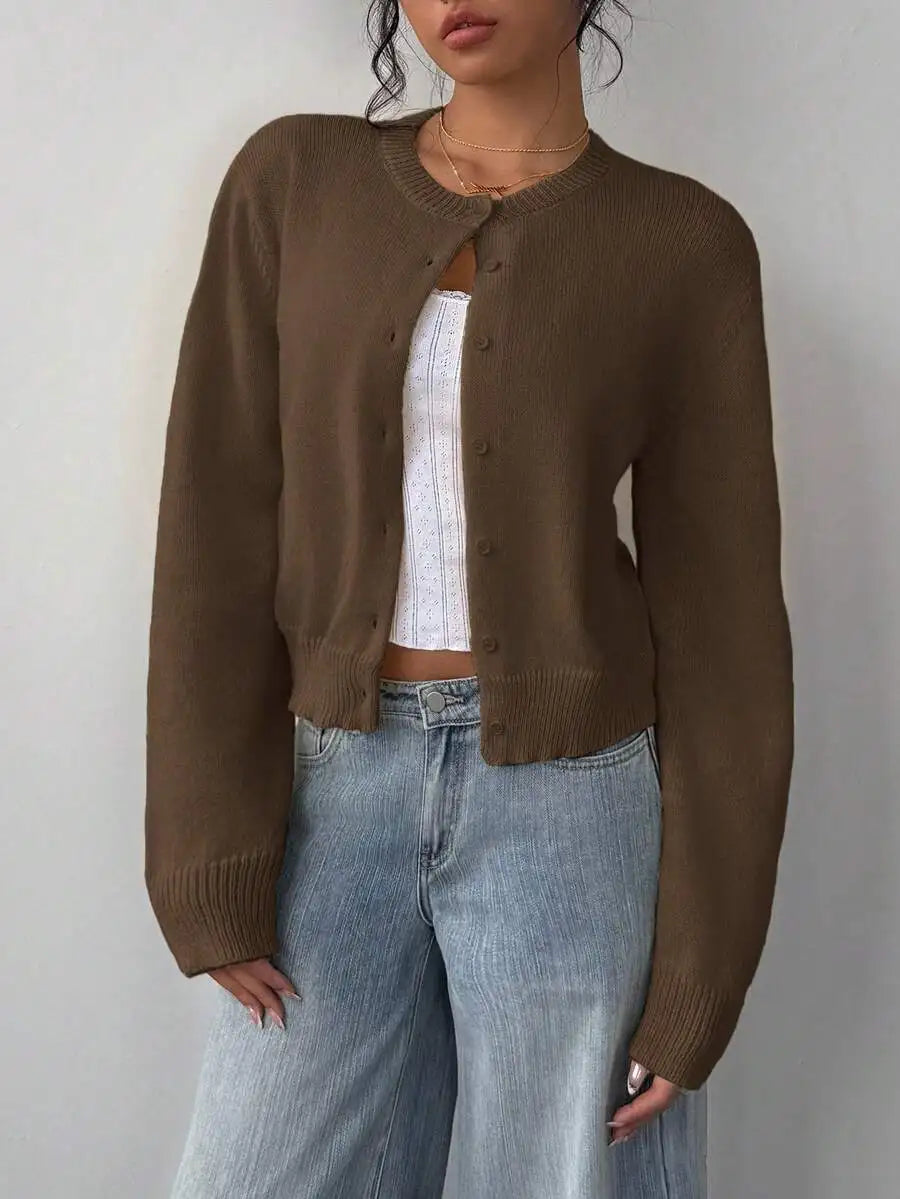 Women's Cropped Crew Neck Relaxed Fit Minimalist Knit Sweater
