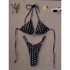 Retro Polka Dot Triangle String Bikini with Contrast Pink Straps