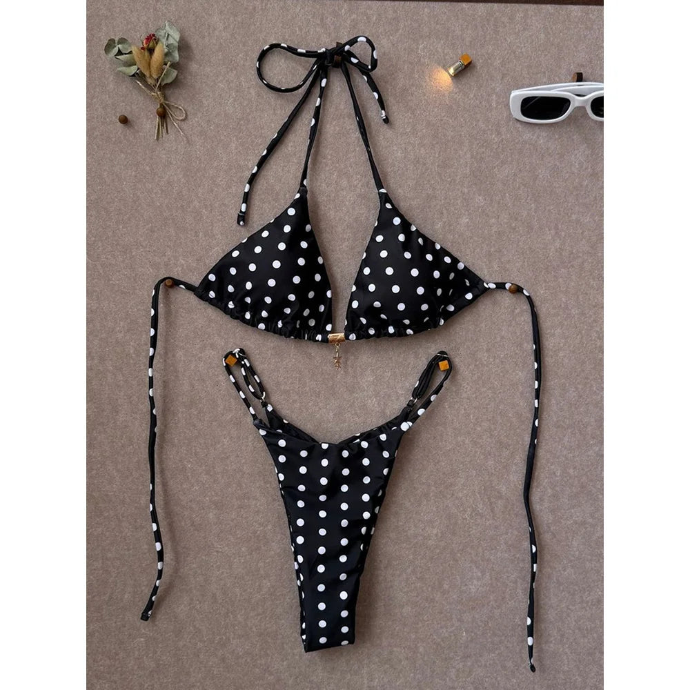 Retro Polka Dot Triangle String Bikini with Contrast Pink Straps