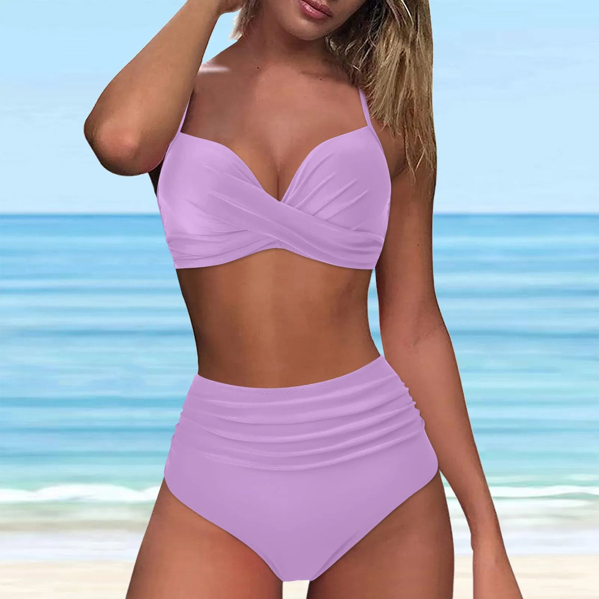 Emerald Green Cross-Front Bikini Set with Ruched High-Waisted Bottoms