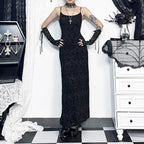 Dark Romantic Gothic Lace Maxi Dress with Delicate Strap Design