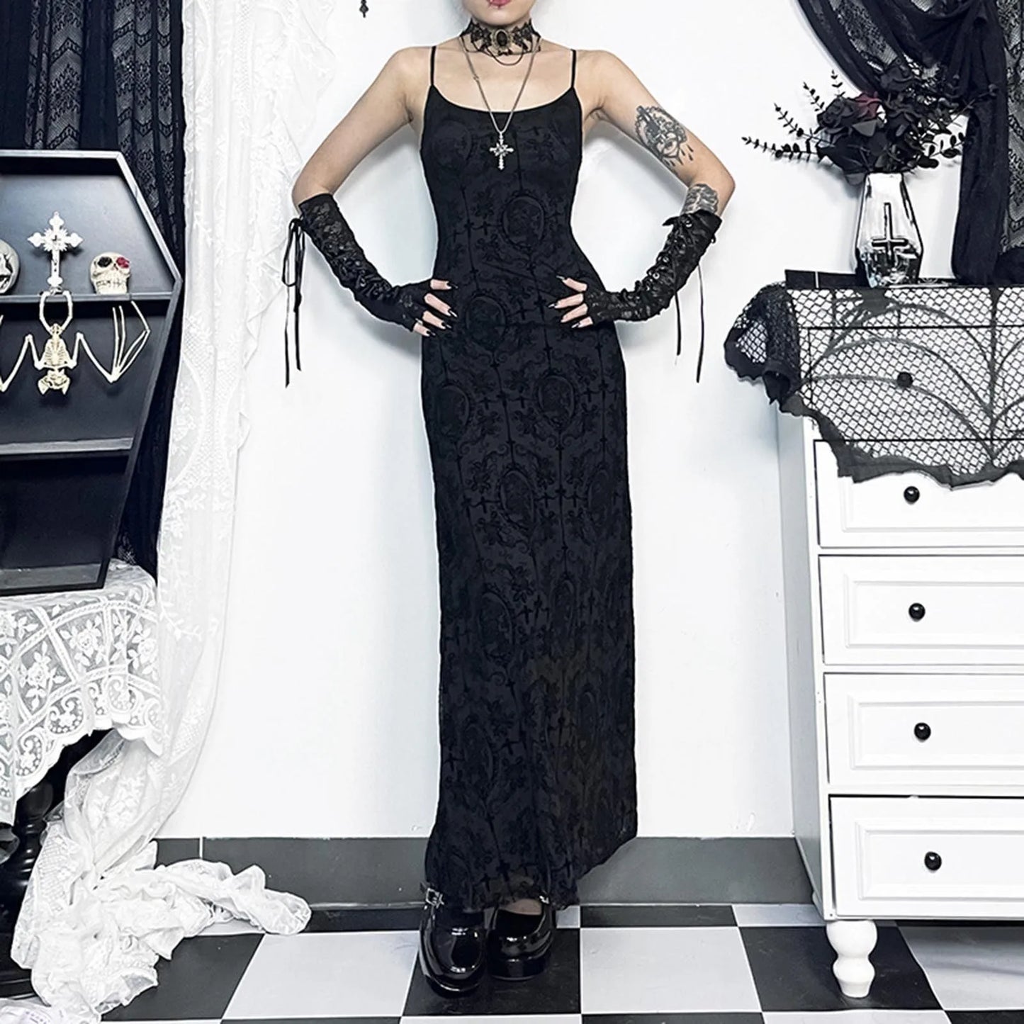 Dark Romantic Gothic Lace Maxi Dress with Delicate Strap Design