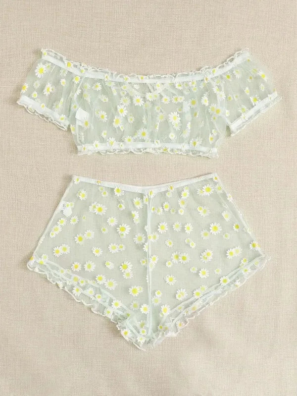Sheer Black Mesh Daisy Print Two-Piece Loungewear Set with Ruffled Crop Top and Shorts