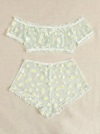 Sheer Black Mesh Daisy Print Two-Piece Loungewear Set with Ruffled Crop Top and Shorts