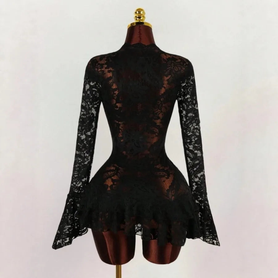 Anime-Inspired Lace Sleeve Gothic Mini Dress with Alternative Fashion Style
