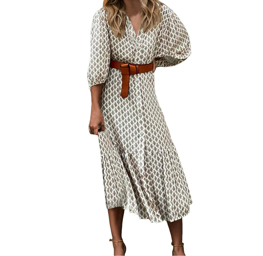 Printed Puff Sleeve Belted Midi Dress with Relaxed Contemporary Shape