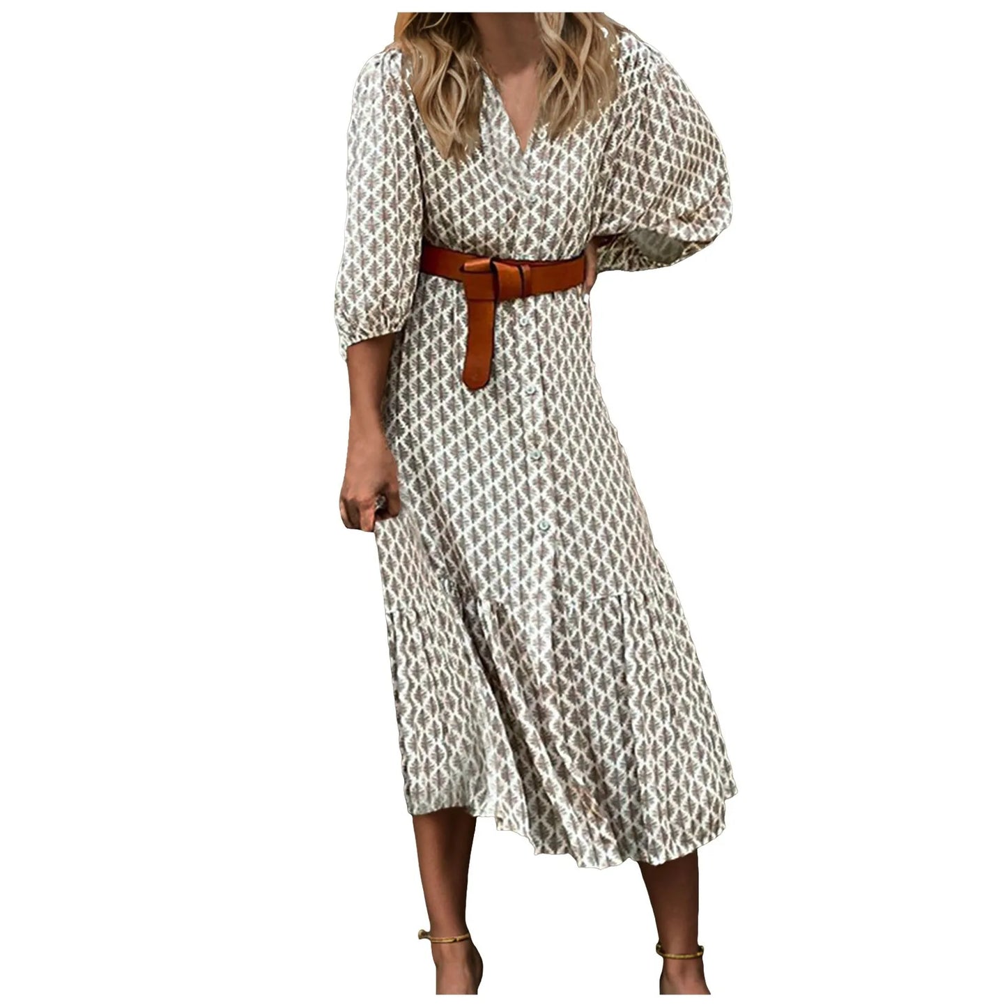 Printed Puff Sleeve Belted Midi Dress with Relaxed Contemporary Shape