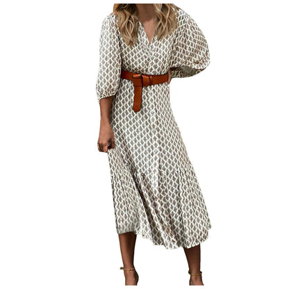 Printed Puff Sleeve Belted Midi Dress with Relaxed Contemporary Shape